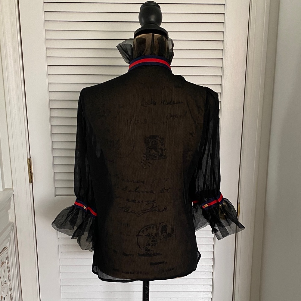 Black Sheer Blouse with Red and Blue Accents - Picture 2 of 5